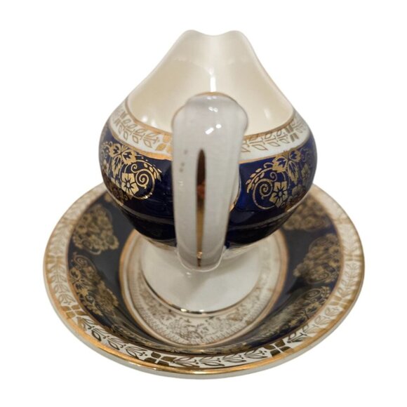 Antique Gravy Boat & Under Plate Crown Ducal Cobalt Blue Gold Floral England - Picture 5 of 8